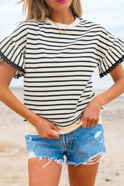 New Dear-Lover Scallop Lace Trim Ruffle Short Sleeves Crewneck Top Black Stripe
