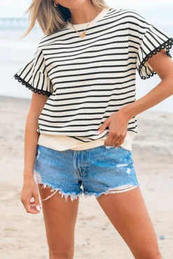 New Dear-Lover Scallop Lace Trim Ruffle Short Sleeves Crewneck Top Black Stripe