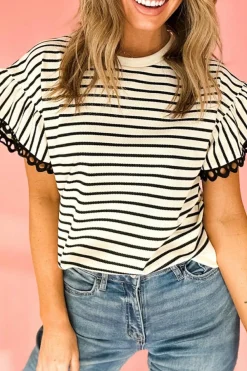 New Dear-Lover Scallop Lace Trim Ruffle Short Sleeves Crewneck Top Black Stripe