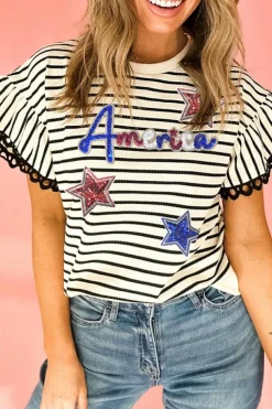 Fashion Dear-Lover Sequin America Star Graphic Ric Rac Flutter Sleeve Blouse Black Stripe