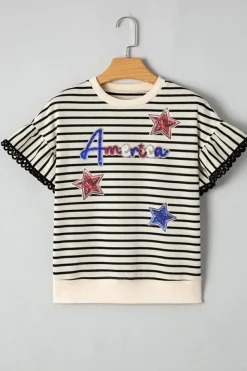 Fashion Dear-Lover Sequin America Star Graphic Ric Rac Flutter Sleeve Blouse Black Stripe