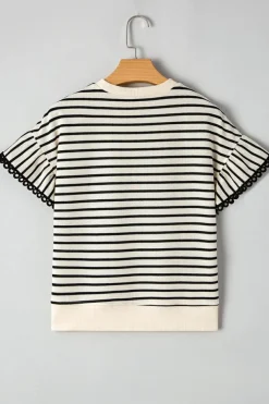 Fashion Dear-Lover Sequin America Star Graphic Ric Rac Flutter Sleeve Blouse Black Stripe