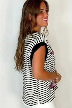 Best Dear-Lover Sequined Lobster Patched Pocket Casual Tank Top Black Stripe