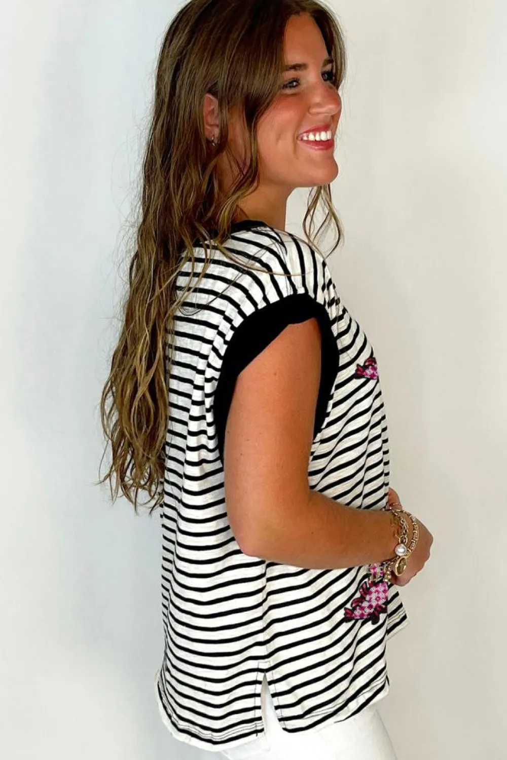 Best Dear-Lover Sequined Lobster Patched Pocket Casual Tank Top Black Stripe