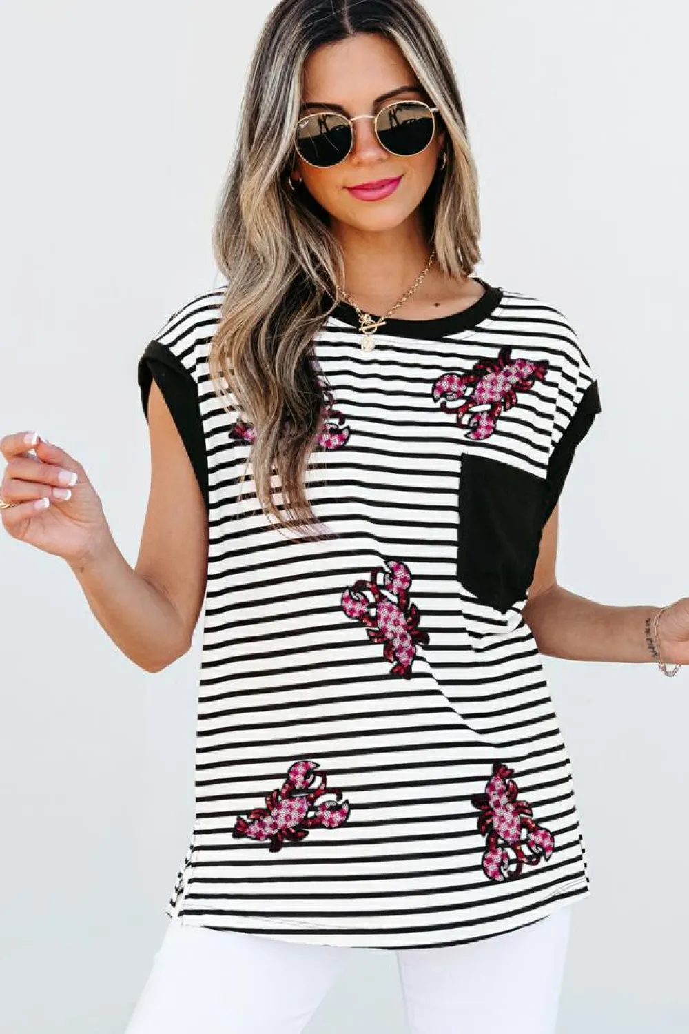 Best Dear-Lover Sequined Lobster Patched Pocket Casual Tank Top Black Stripe