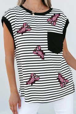 Best Dear-Lover Sequined Lobster Patched Pocket Casual Tank Top Black Stripe