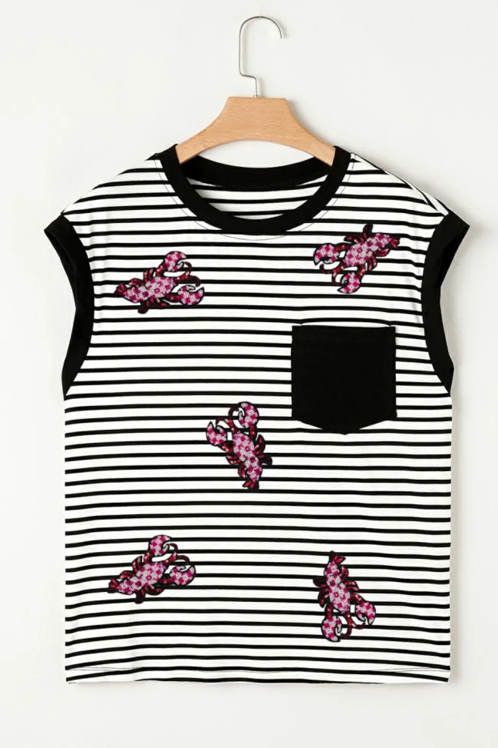 Best Dear-Lover Sequined Lobster Patched Pocket Casual Tank Top Black Stripe