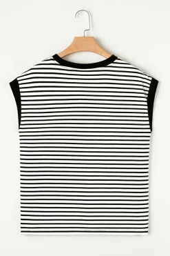 Best Dear-Lover Sequined Lobster Patched Pocket Casual Tank Top Black Stripe
