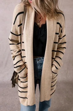 Outlet Dear-Lover Shawl Neckline Open Cardigan with Pockets Black Stripe