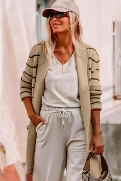 Outlet Dear-Lover Shawl Neckline Open Cardigan with Pockets Black Stripe