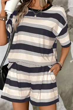 Discount Dear-Lover Short Sleeve T Shirt and High Waist Pocketed Shorts Set Black Stripe