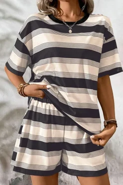 Discount Dear-Lover Short Sleeve T Shirt and High Waist Pocketed Shorts Set Black Stripe