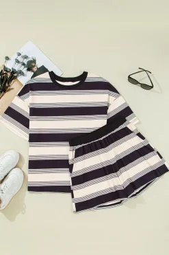 Discount Dear-Lover Short Sleeve T Shirt and High Waist Pocketed Shorts Set Black Stripe