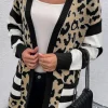Fashion Dear-Lover Stripe Sleeve Leopard Print Open Front Cardigan With Pockets Black