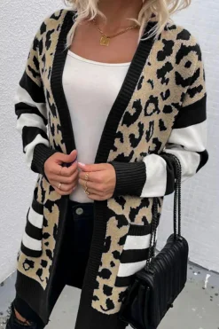 Fashion Dear-Lover Stripe Sleeve Leopard Print Open Front Cardigan With Pockets Black