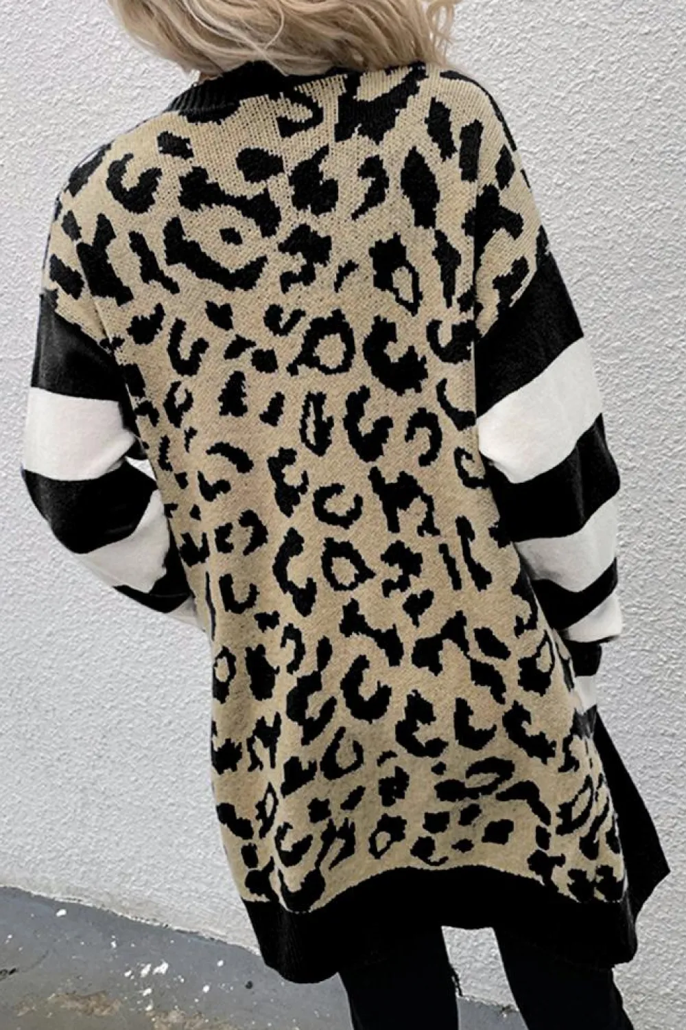 Fashion Dear-Lover Stripe Sleeve Leopard Print Open Front Cardigan With Pockets Black