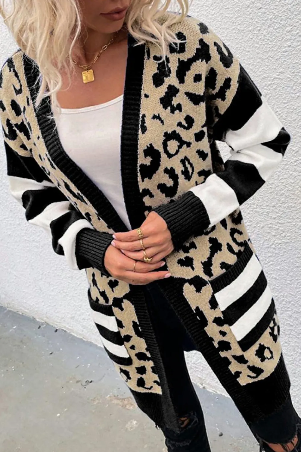Fashion Dear-Lover Stripe Sleeve Leopard Print Open Front Cardigan With Pockets Black
