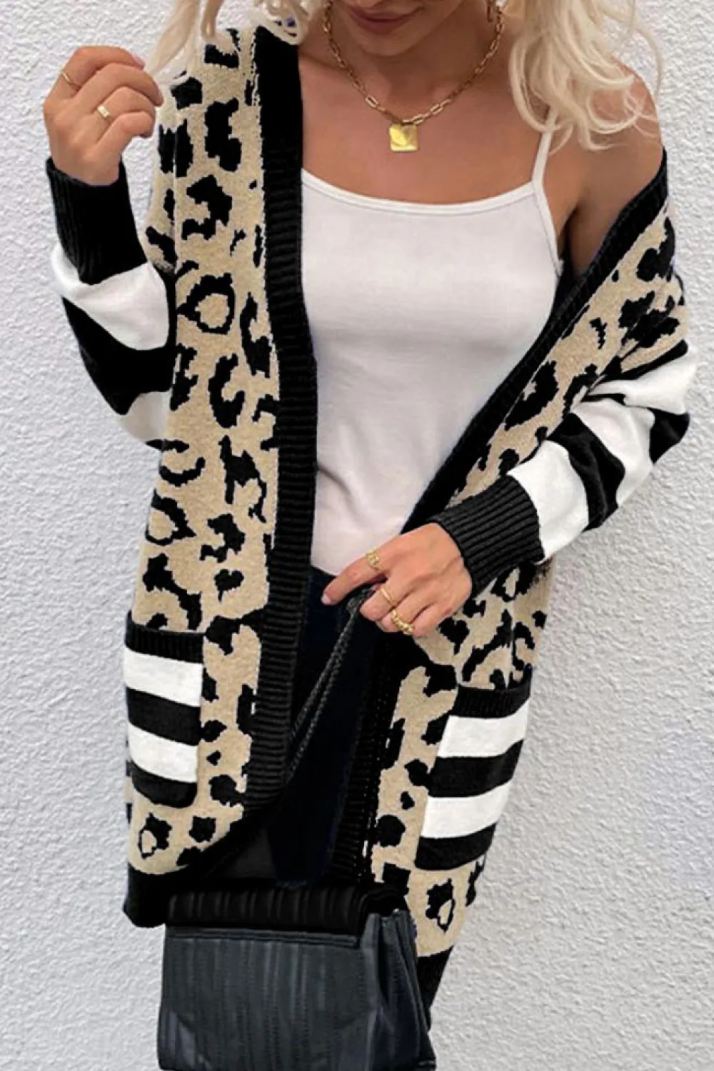 Fashion Dear-Lover Stripe Sleeve Leopard Print Open Front Cardigan With Pockets Black