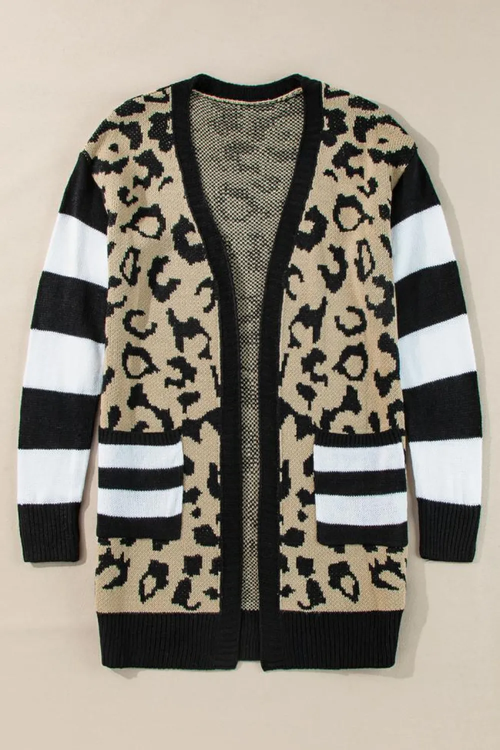 Fashion Dear-Lover Stripe Sleeve Leopard Print Open Front Cardigan With Pockets Black