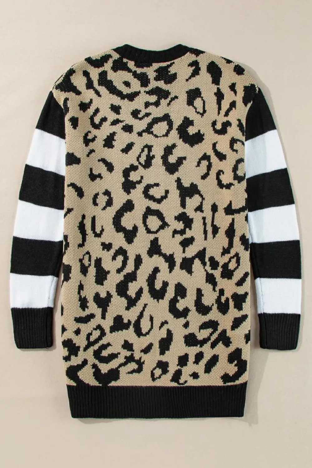 Fashion Dear-Lover Stripe Sleeve Leopard Print Open Front Cardigan With Pockets Black
