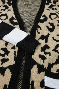 Fashion Dear-Lover Stripe Sleeve Leopard Print Open Front Cardigan With Pockets Black