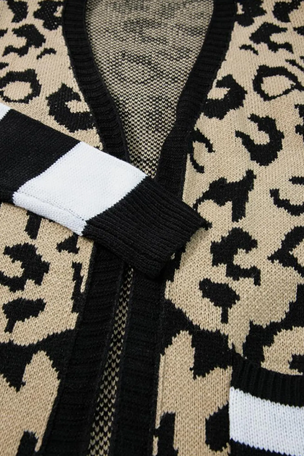 Fashion Dear-Lover Stripe Sleeve Leopard Print Open Front Cardigan With Pockets Black