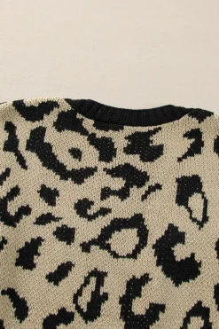 Fashion Dear-Lover Stripe Sleeve Leopard Print Open Front Cardigan With Pockets Black