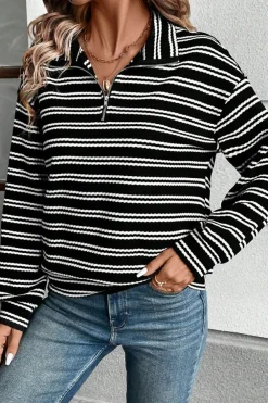 Outlet Dear-Lover Textured Quarter Zip Collar Long Sleeve Top Black Stripe