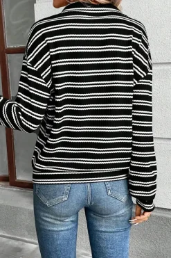Outlet Dear-Lover Textured Quarter Zip Collar Long Sleeve Top Black Stripe