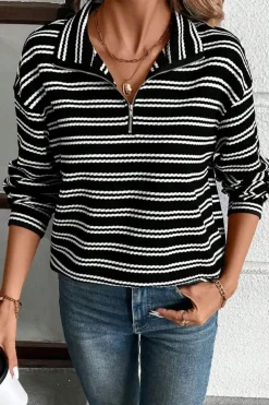 Outlet Dear-Lover Textured Quarter Zip Collar Long Sleeve Top Black Stripe