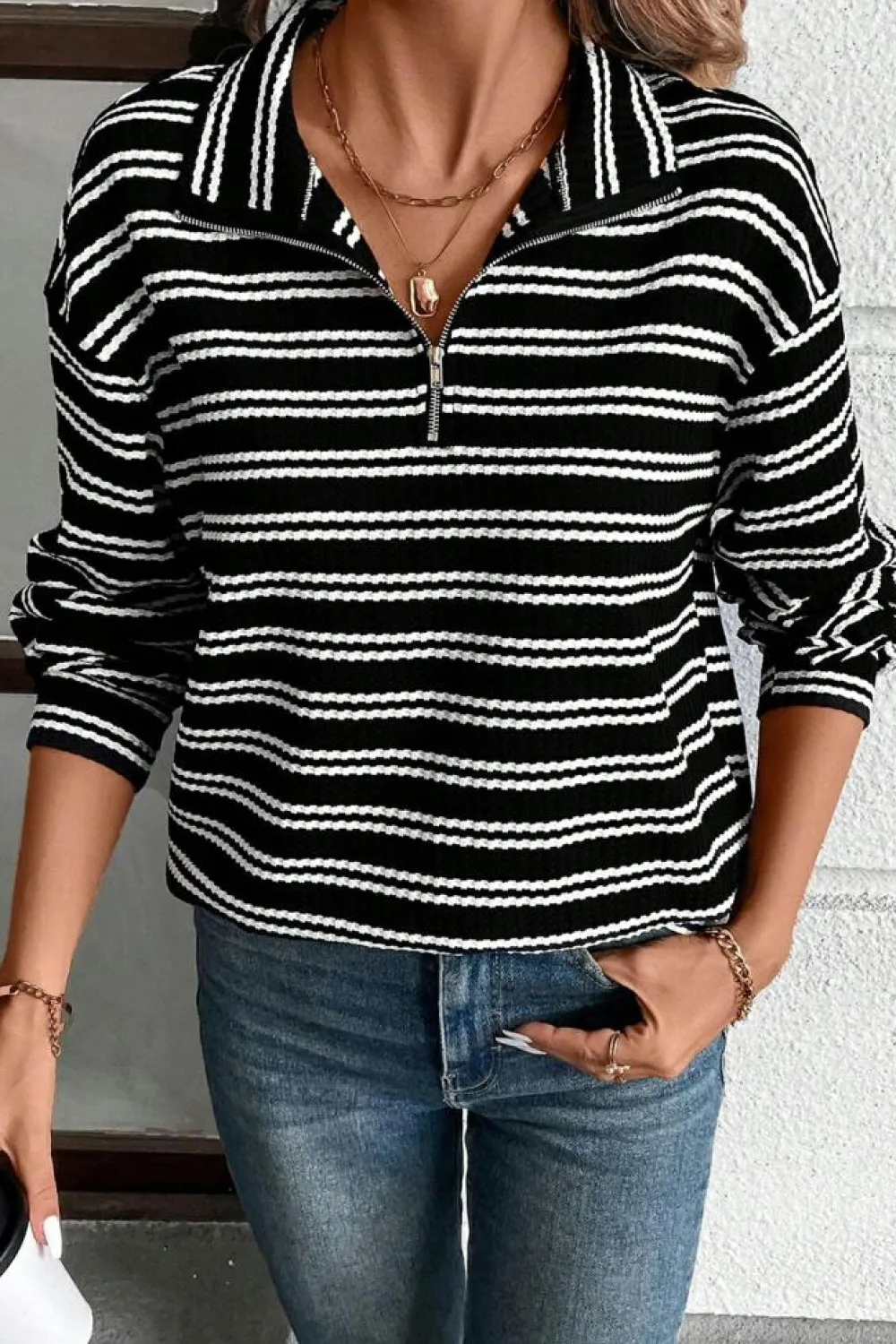 Outlet Dear-Lover Textured Quarter Zip Collar Long Sleeve Top Black Stripe