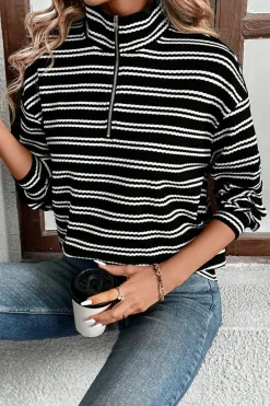 Outlet Dear-Lover Textured Quarter Zip Collar Long Sleeve Top Black Stripe