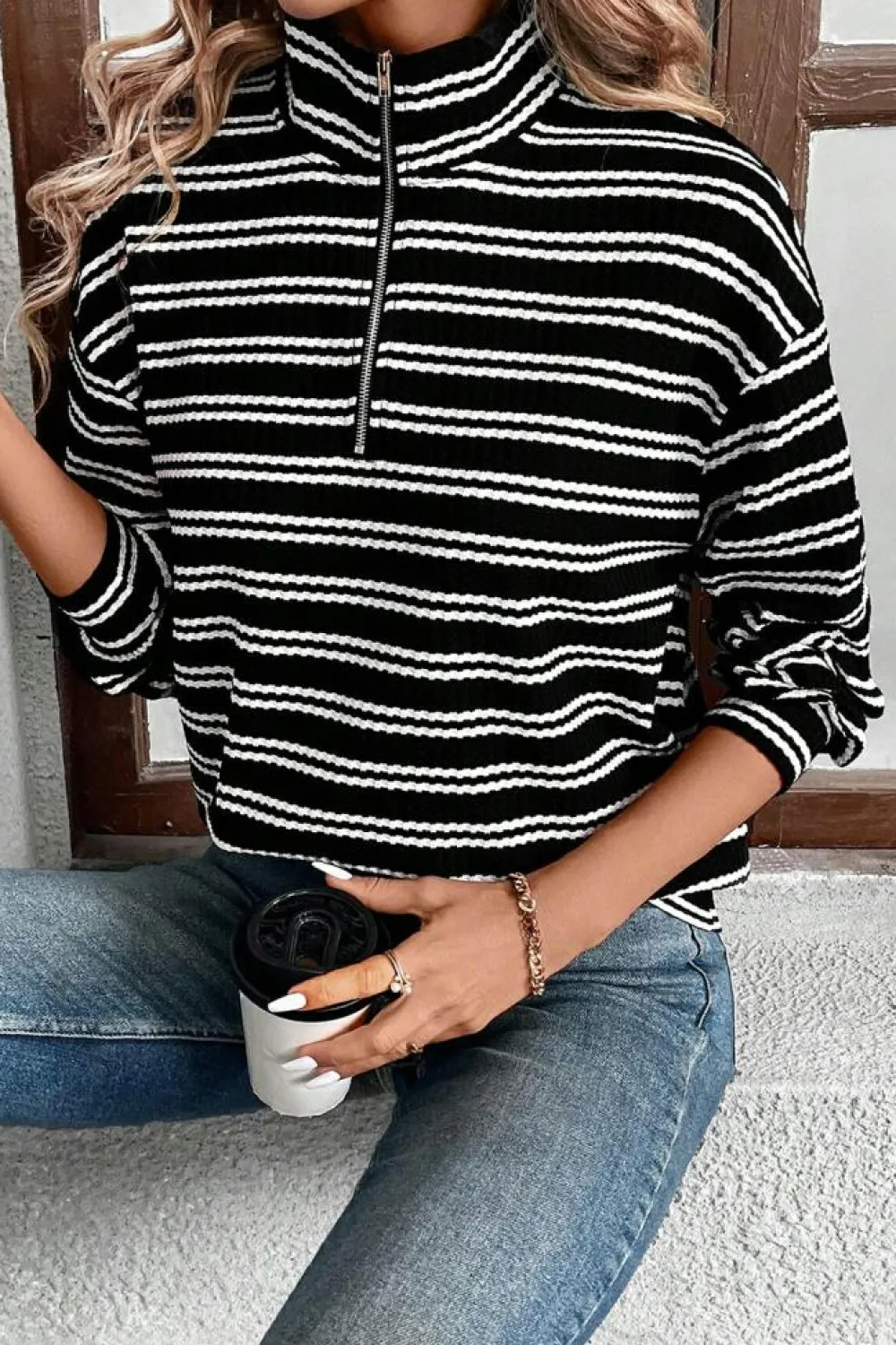 Outlet Dear-Lover Textured Quarter Zip Collar Long Sleeve Top Black Stripe
