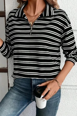 Outlet Dear-Lover Textured Quarter Zip Collar Long Sleeve Top Black Stripe