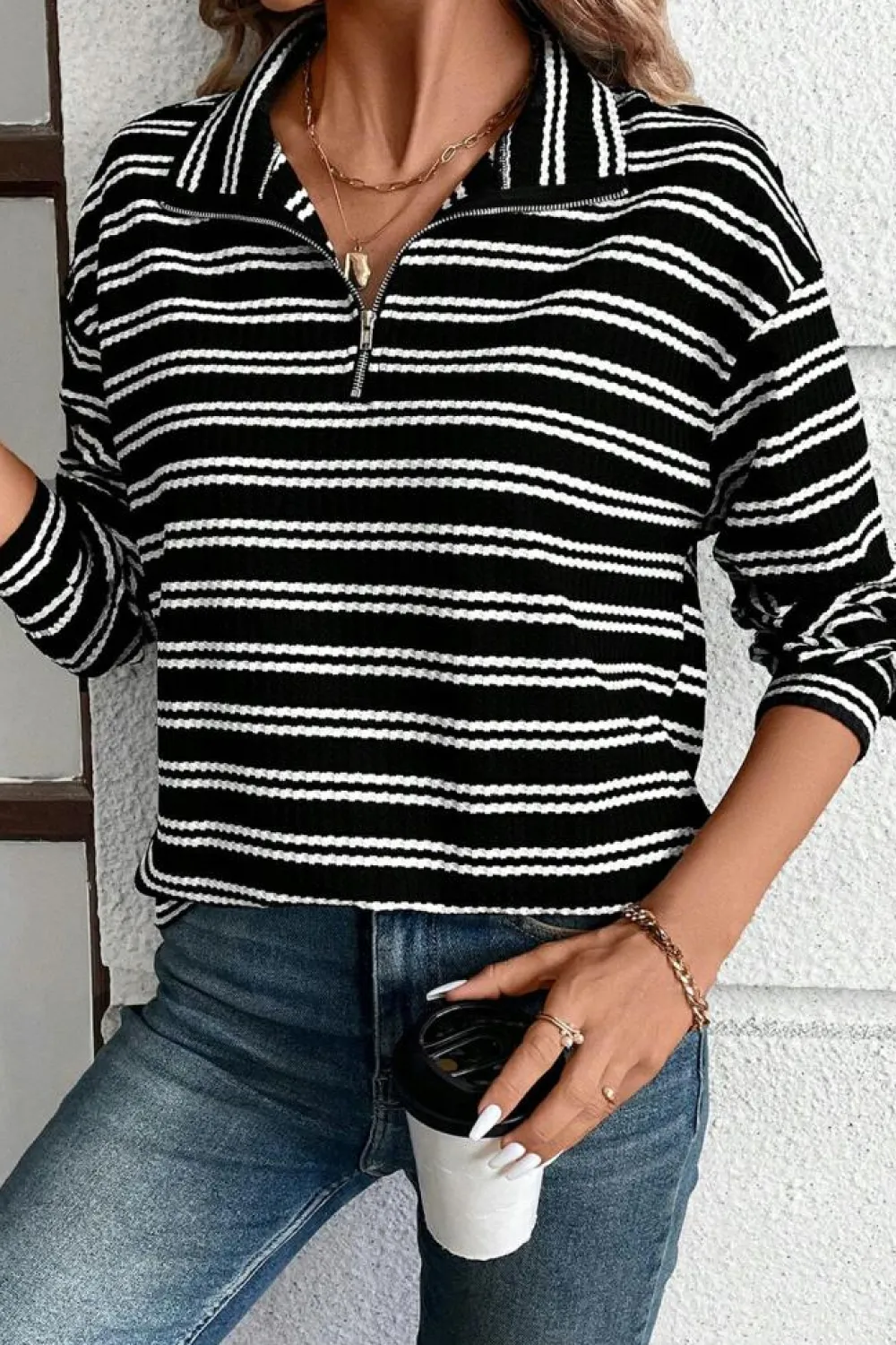 Outlet Dear-Lover Textured Quarter Zip Collar Long Sleeve Top Black Stripe