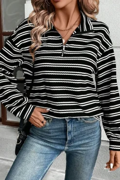 Outlet Dear-Lover Textured Quarter Zip Collar Long Sleeve Top Black Stripe