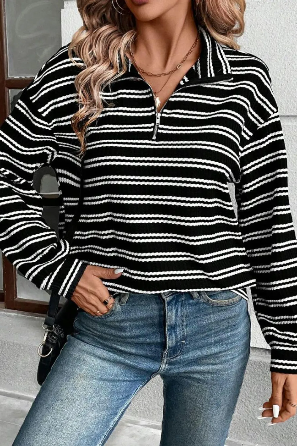 Outlet Dear-Lover Textured Quarter Zip Collar Long Sleeve Top Black Stripe