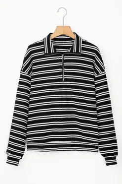 Outlet Dear-Lover Textured Quarter Zip Collar Long Sleeve Top Black Stripe