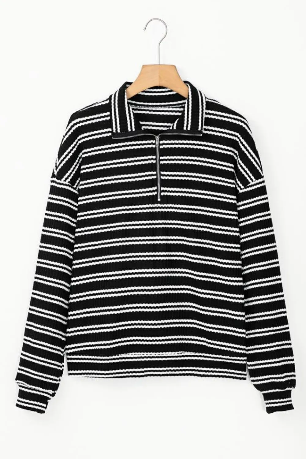 Outlet Dear-Lover Textured Quarter Zip Collar Long Sleeve Top Black Stripe