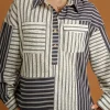 Outlet Dear-Lover 2-tone Patchwork Half Buttons Chest Pockets Casual Blouse Black Stripe