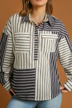 Outlet Dear-Lover 2-tone Patchwork Half Buttons Chest Pockets Casual Blouse Black Stripe