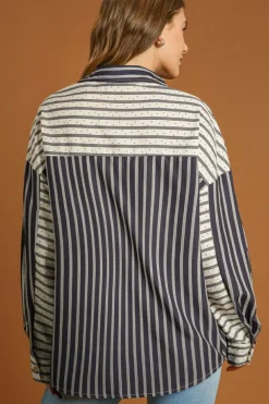 Outlet Dear-Lover 2-tone Patchwork Half Buttons Chest Pockets Casual Blouse Black Stripe