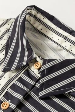 Outlet Dear-Lover 2-tone Patchwork Half Buttons Chest Pockets Casual Blouse Black Stripe