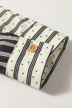 Outlet Dear-Lover 2-tone Patchwork Half Buttons Chest Pockets Casual Blouse Black Stripe