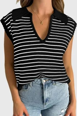 Discount Dear-Lover Turn-down V Neck Sweater Tank Top Black Stripe