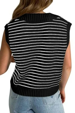 Discount Dear-Lover Turn-down V Neck Sweater Tank Top Black Stripe