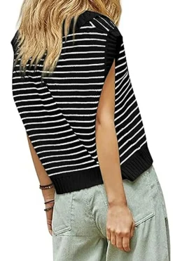 Discount Dear-Lover Turn-down V Neck Sweater Tank Top Black Stripe