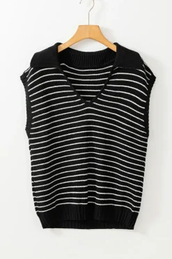 Discount Dear-Lover Turn-down V Neck Sweater Tank Top Black Stripe
