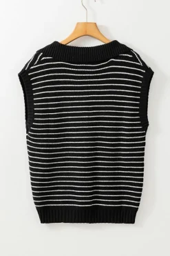 Discount Dear-Lover Turn-down V Neck Sweater Tank Top Black Stripe