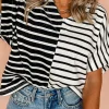 Fashion Dear-Lover Two Tone Colorblock V Neck T Shirt Black Stripe